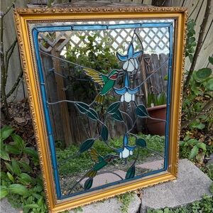 Vintage Stained Glass Hummingbird Mirror – Framed Leaded Glass Wall Art - Decor